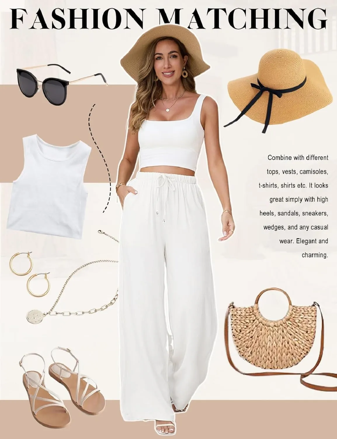 Womens Linen Pants High Waist Wide Leg Pant Casual Summer Palazzo Pants Loose Flowy Beach Trousers with Pockets
