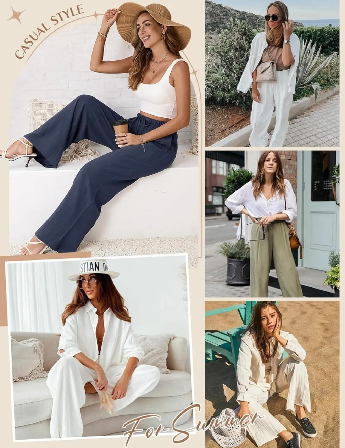 Womens Linen Pants High Waist Wide Leg Pant Casual Summer Palazzo Pants Loose Flowy Beach Trousers with Pockets