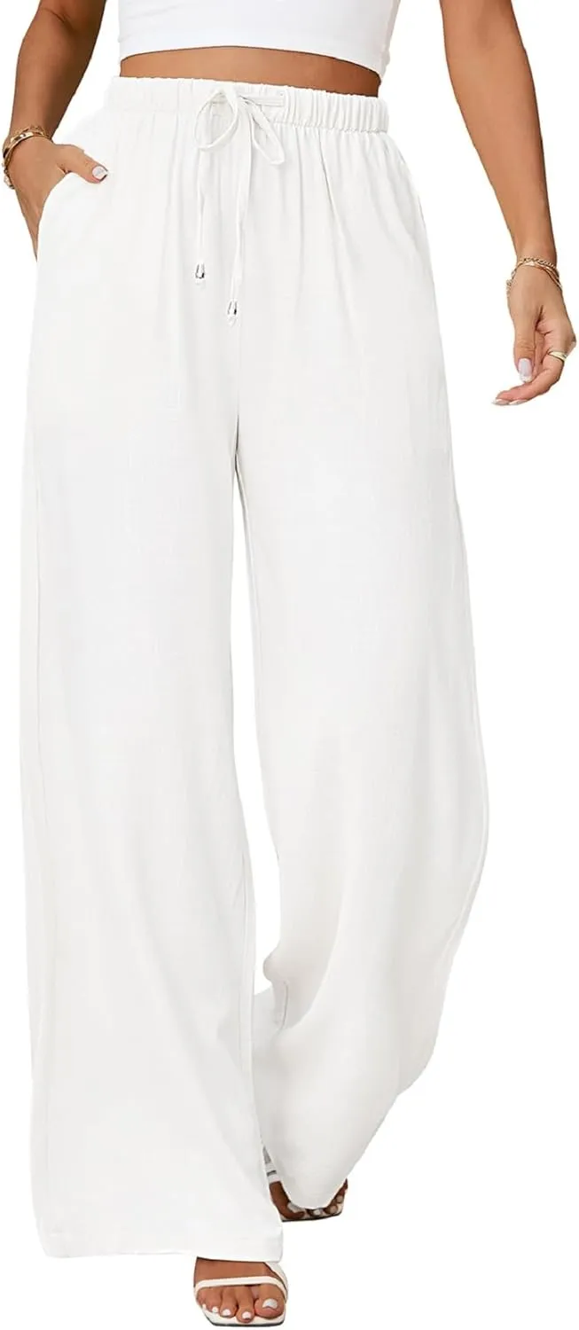 Womens Linen Pants High Waist Wide Leg Pant Casual Summer Palazzo Pants Loose Flowy Beach Trousers with Pockets