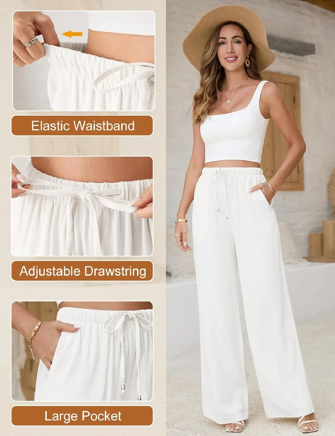 Womens Linen Pants High Waist Wide Leg Pant Casual Summer Palazzo Pants Loose Flowy Beach Trousers with Pockets