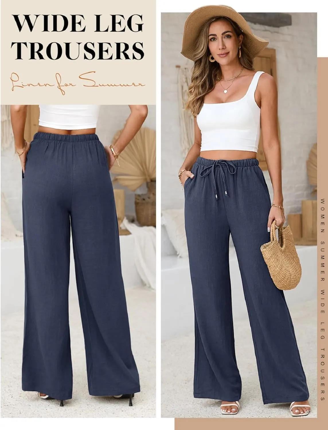 Womens Linen Pants High Waist Wide Leg Pant Casual Summer Palazzo Pants Loose Flowy Beach Trousers with Pockets