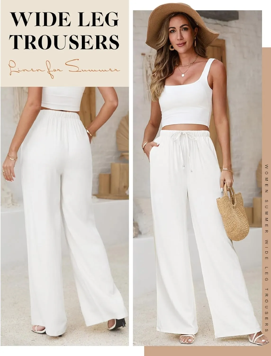 Womens Linen Pants High Waist Wide Leg Pant Casual Summer Palazzo Pants Loose Flowy Beach Trousers with Pockets