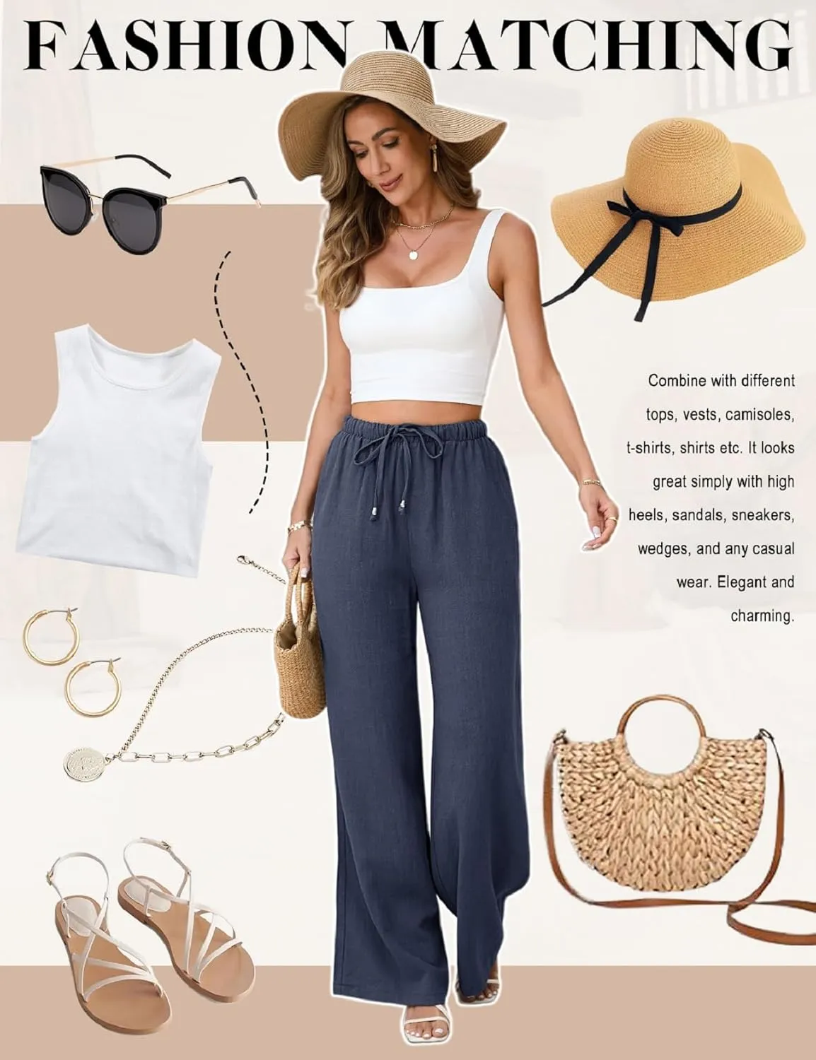 Womens Linen Pants High Waist Wide Leg Pant Casual Summer Palazzo Pants Loose Flowy Beach Trousers with Pockets