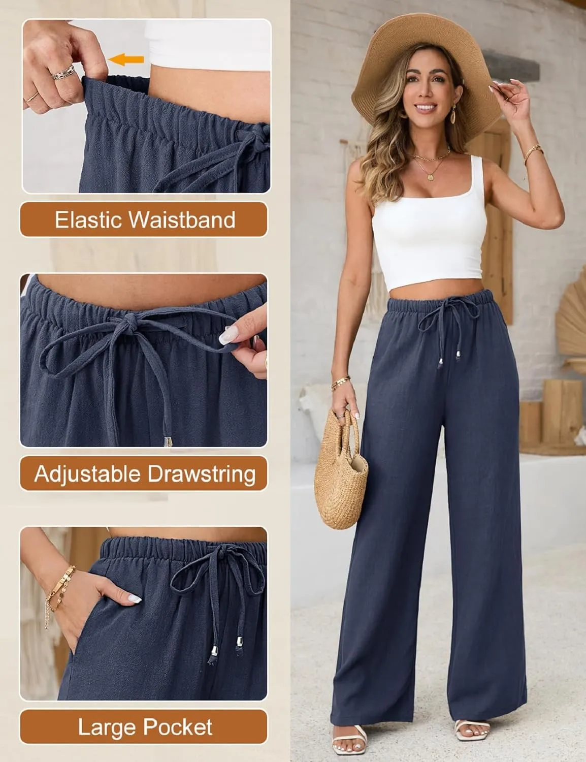 Womens Linen Pants High Waist Wide Leg Pant Casual Summer Palazzo Pants Loose Flowy Beach Trousers with Pockets