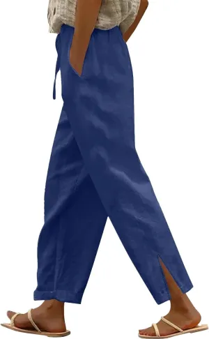Womens Linen Pants Women High Waist Drawstring Wide Leg Cropped Pants Lightweight Vacation Beach Trousers with Pockets