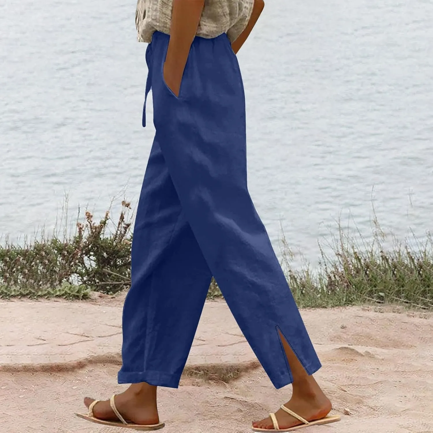 Womens Linen Pants Women High Waist Drawstring Wide Leg Cropped Pants Lightweight Vacation Beach Trousers with Pockets