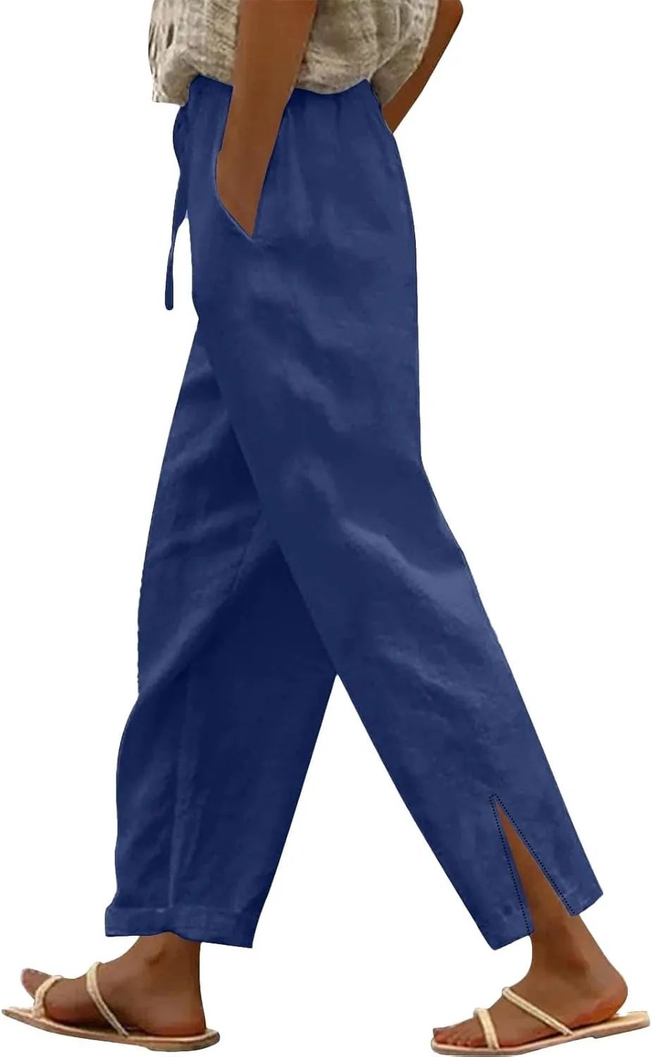 Womens Linen Pants Women High Waist Drawstring Wide Leg Cropped Pants Lightweight Vacation Beach Trousers with Pockets