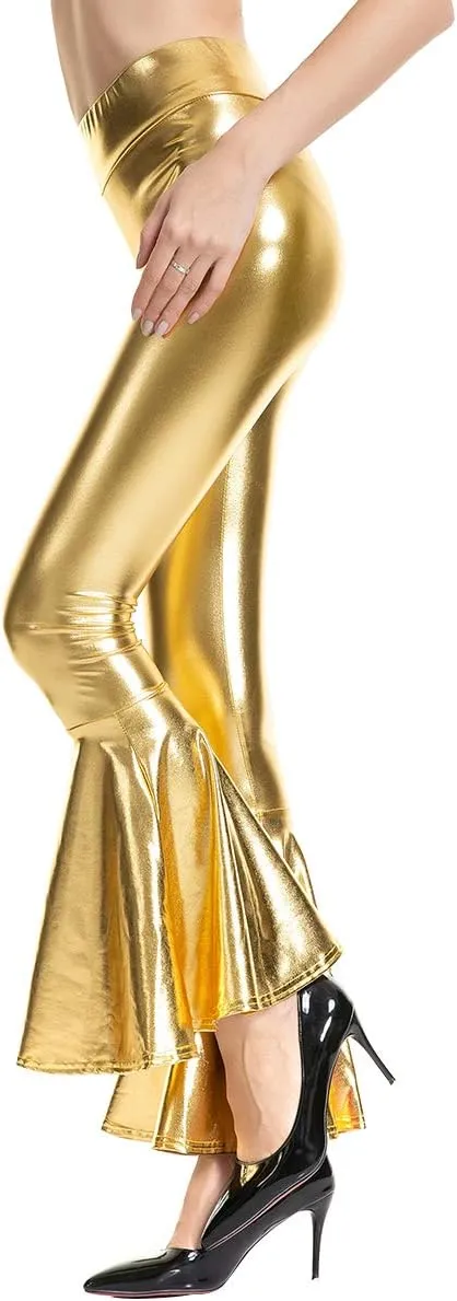 Womens Metallic Wide Leg Pants Mermaid Wet Look Bell Bottoms Slim Fitted High Waist Stretchy Flared Trousers
