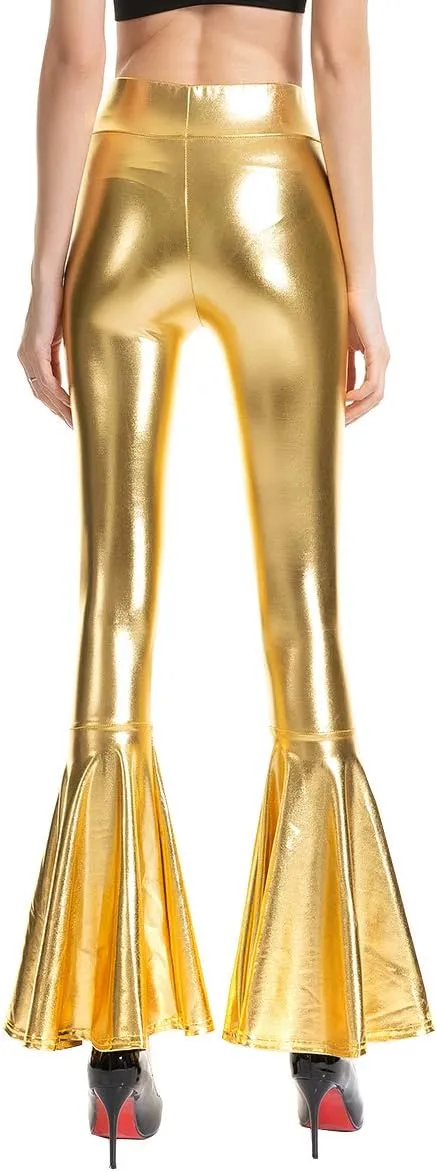 Womens Metallic Wide Leg Pants Mermaid Wet Look Bell Bottoms Slim Fitted High Waist Stretchy Flared Trousers