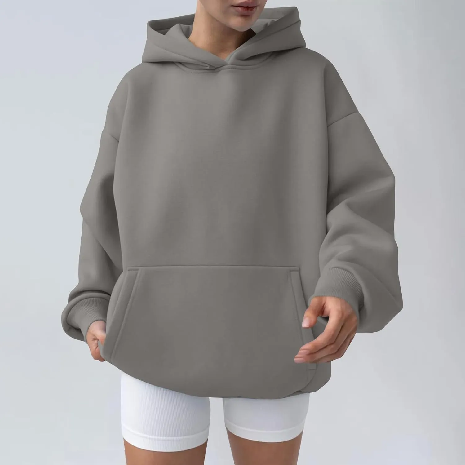 Womens Oversized Hoodie Fall Fashion 2024 Ribbed Cuffs Crewneck Sweatshirt Drop Shoulder Long Sleeve Tops With Pocket