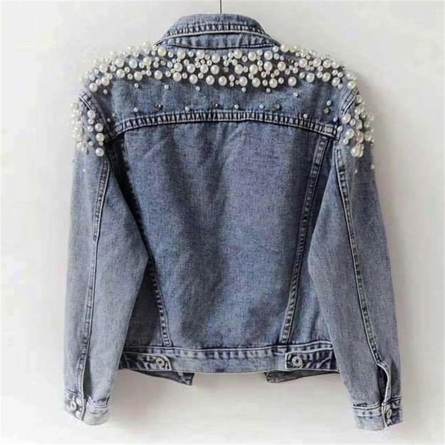 Womens Pearls Beading Embroidered Cropped Jean Jacket Oversized Lapel Long Sleeve Cowgirl Jacket with Pocket