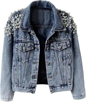 Womens Pearls Beading Embroidered Cropped Jean Jacket Oversized Lapel Long Sleeve Cowgirl Jacket with Pocket