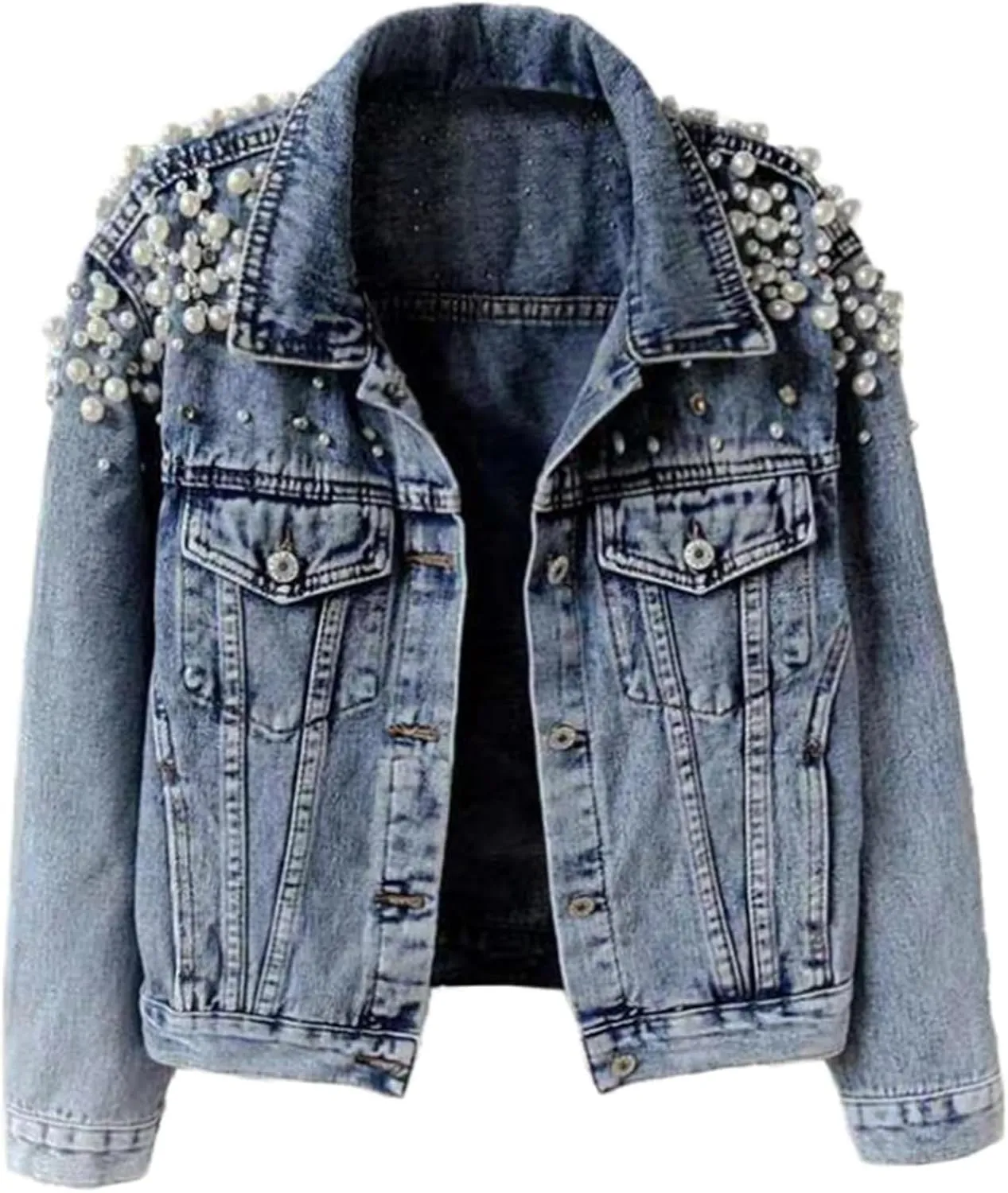 Womens Pearls Beading Embroidered Cropped Jean Jacket Oversized Lapel Long Sleeve Cowgirl Jacket with Pocket