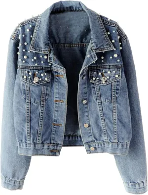 Womens Pearls Beading Embroidered Cropped Jean Jacket Oversized Lapel Long Sleeve Cowgirl Jacket with Pocket