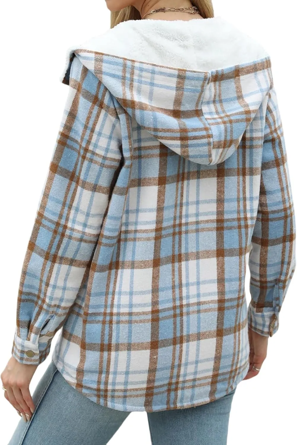 Womens Plaid Shacket Jacket Fuzzy Fleece Lined Coats Casual Long Sleeve Button Down Hooded Jackets Fall Winter Outfits