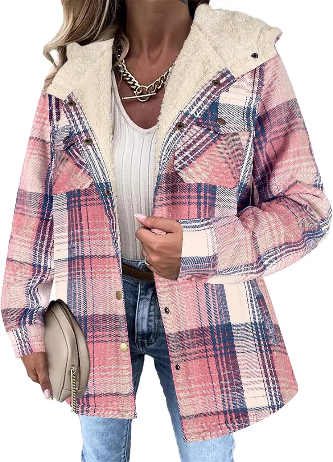 Womens Plaid Shacket Jacket Fuzzy Fleece Lined Coats Casual Long Sleeve Button Down Hooded Jackets Fall Winter Outfits