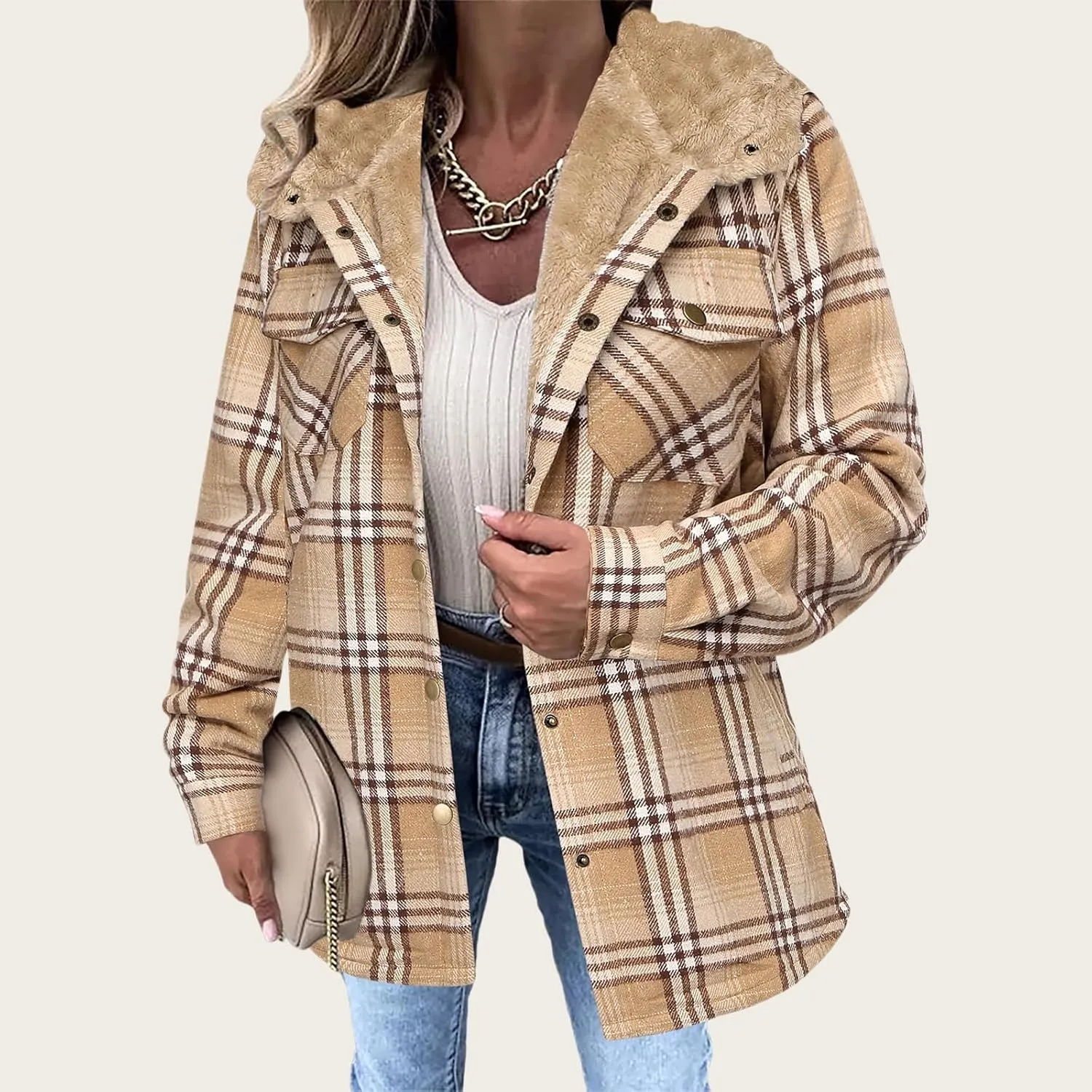 Womens Plaid Shacket Jacket Fuzzy Fleece Lined Coats Casual Long Sleeve Button Down Hooded Jackets Fall Winter Outfits