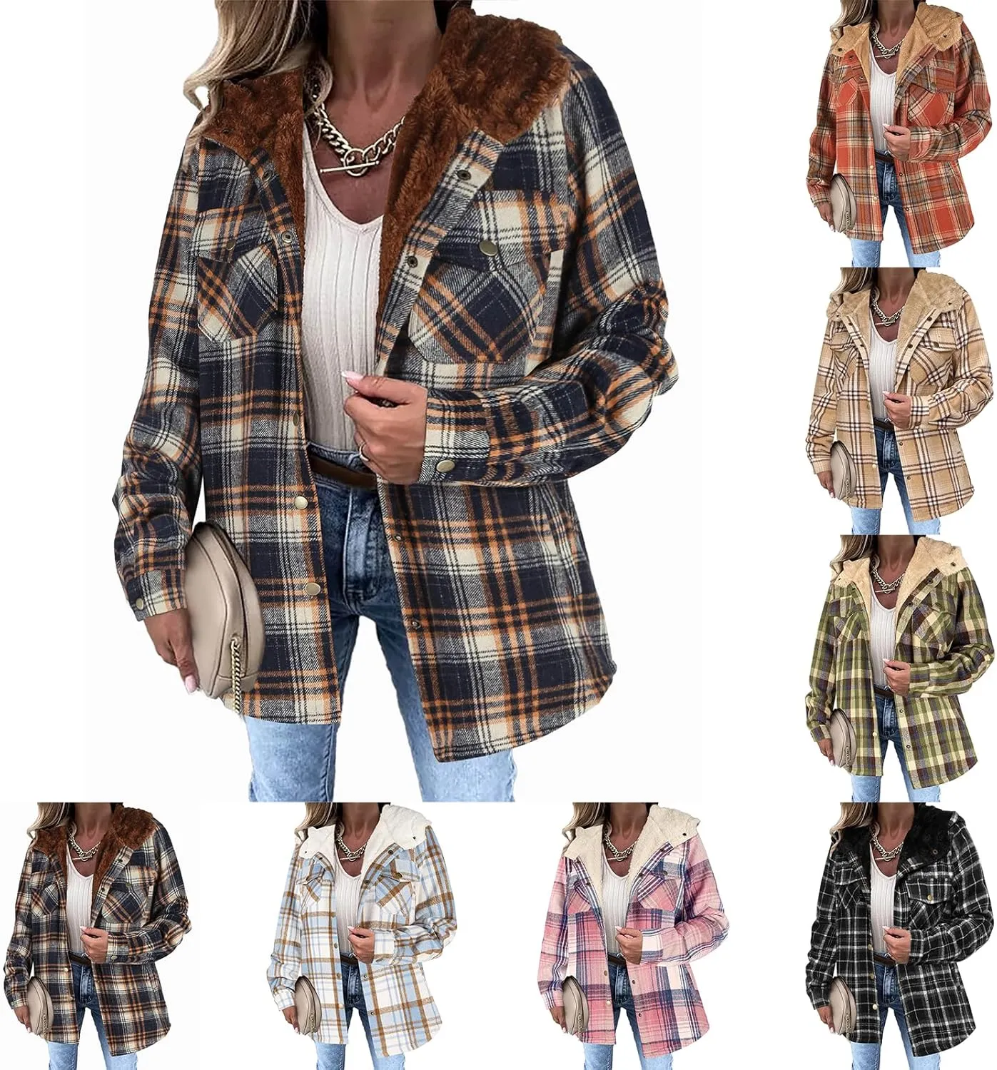Womens Plaid Shacket Jacket Fuzzy Fleece Lined Coats Casual Long Sleeve Button Down Hooded Jackets Fall Winter Outfits