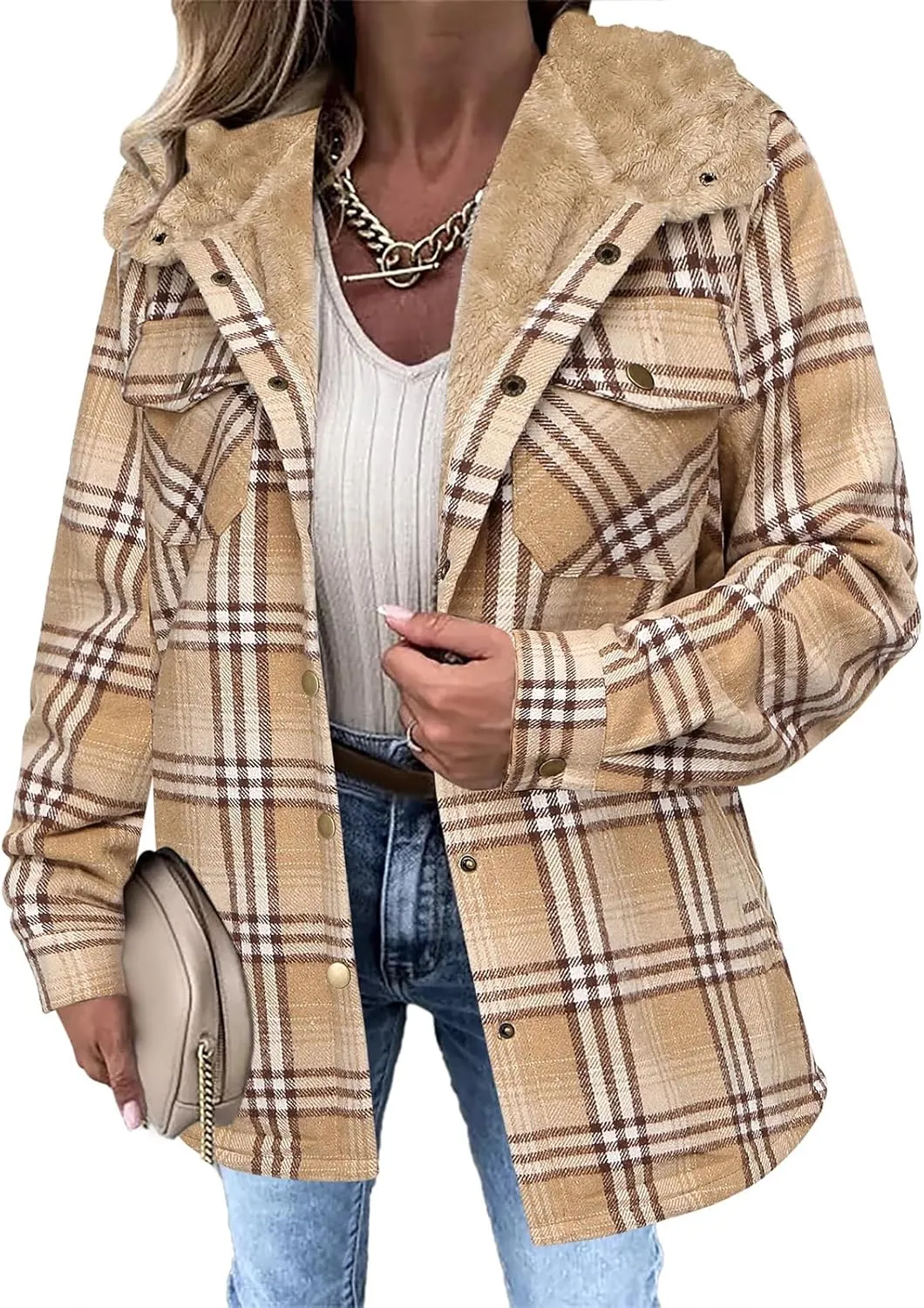 Womens Plaid Shacket Jacket Fuzzy Fleece Lined Coats Casual Long Sleeve Button Down Hooded Jackets Fall Winter Outfits
