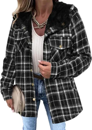 Womens Plaid Shacket Jacket Fuzzy Fleece Lined Coats Casual Long Sleeve Button Down Hooded Jackets Fall Winter Outfits