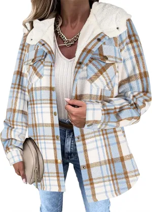 Womens Plaid Shacket Jacket Fuzzy Fleece Lined Coats Casual Long Sleeve Button Down Hooded Jackets Fall Winter Outfits