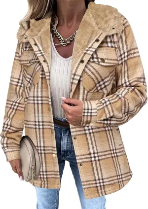 Womens Plaid Shacket Jacket Fuzzy Fleece Lined Coats Casual Long Sleeve Button Down Hooded Jackets Fall Winter Outfits