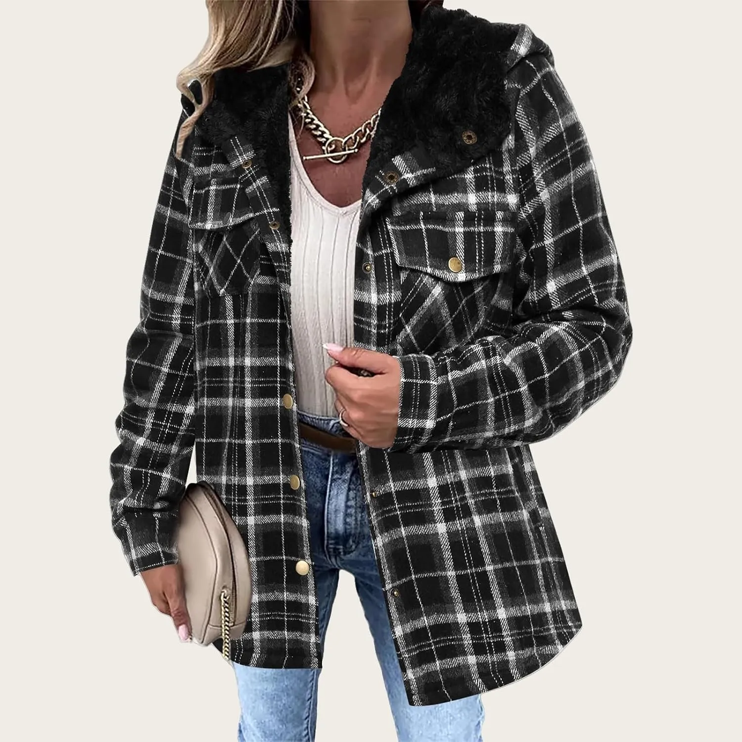 Womens Plaid Shacket Jacket Fuzzy Fleece Lined Coats Casual Long Sleeve Button Down Hooded Jackets Fall Winter Outfits