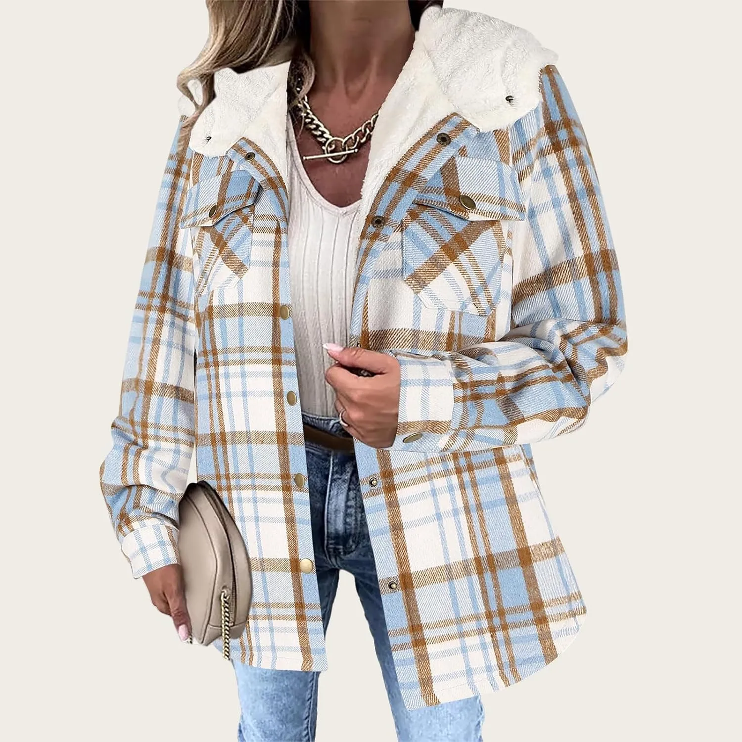 Womens Plaid Shacket Jacket Fuzzy Fleece Lined Coats Casual Long Sleeve Button Down Hooded Jackets Fall Winter Outfits