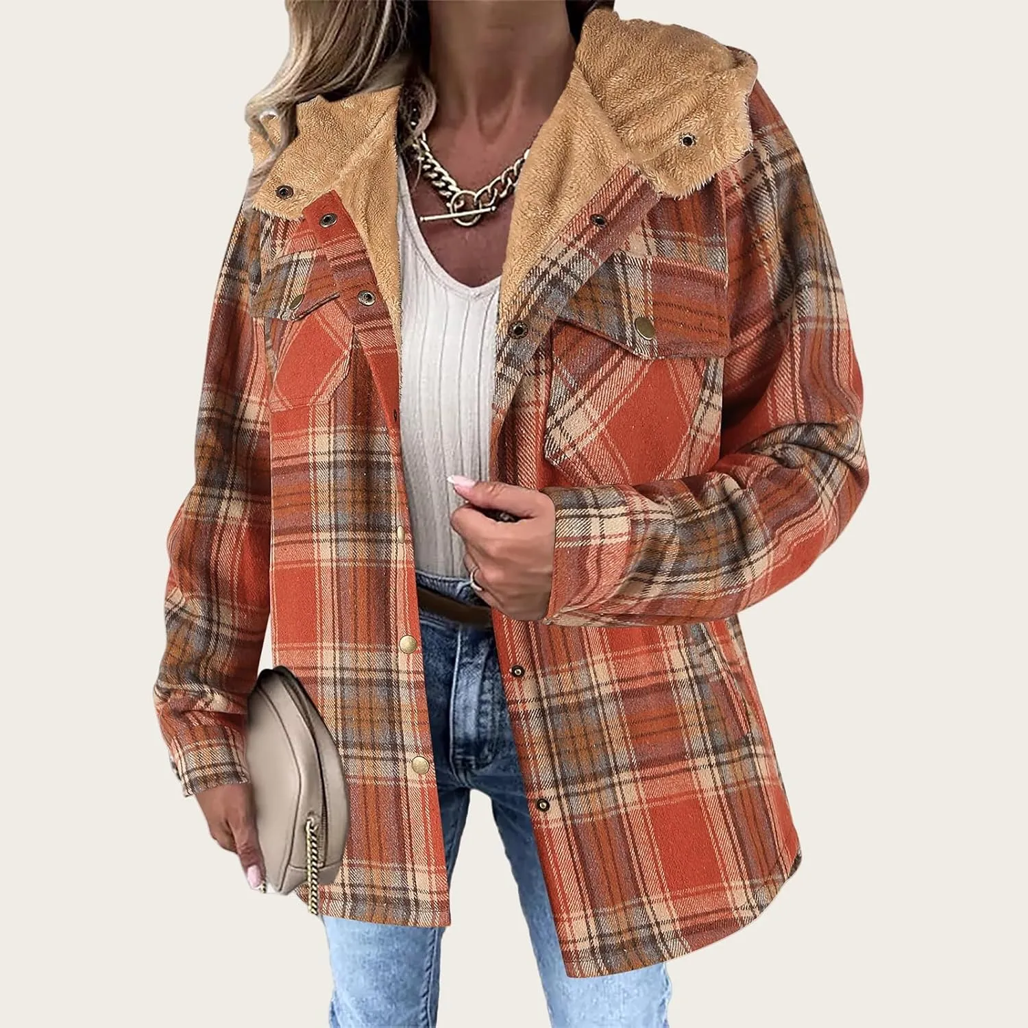 Womens Plaid Shacket Jacket Fuzzy Fleece Lined Coats Casual Long Sleeve Button Down Hooded Jackets Fall Winter Outfits
