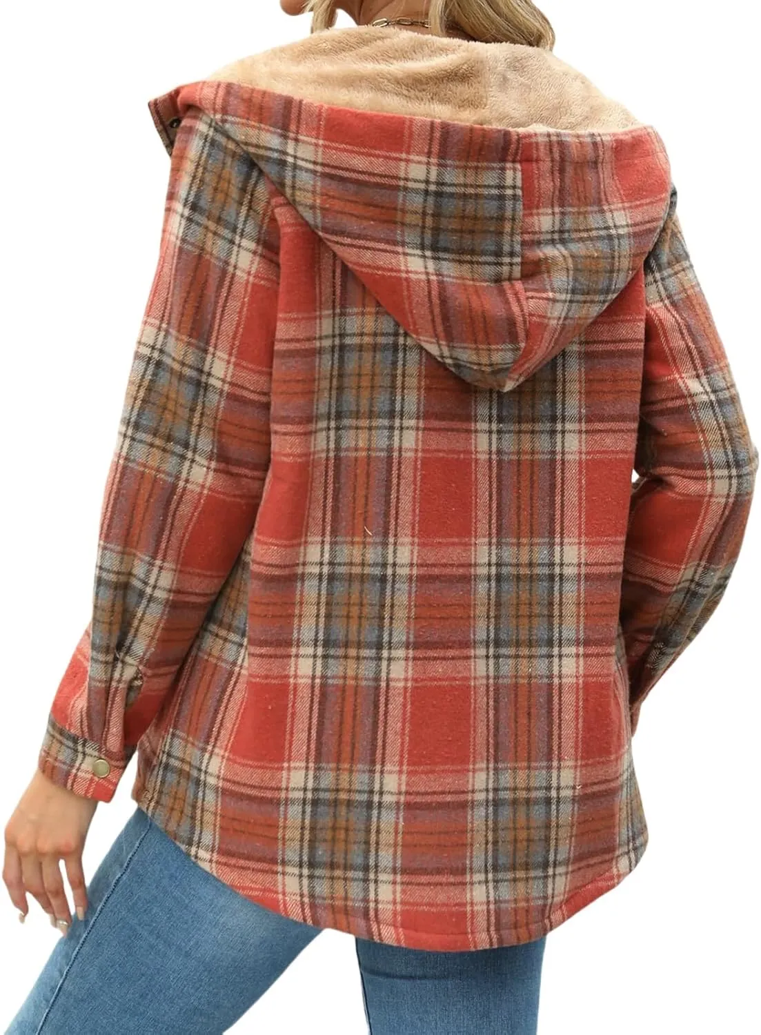 Womens Plaid Shacket Jacket Fuzzy Fleece Lined Coats Casual Long Sleeve Button Down Hooded Jackets Fall Winter Outfits