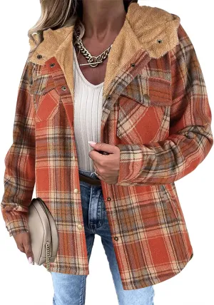 Womens Plaid Shacket Jacket Fuzzy Fleece Lined Coats Casual Long Sleeve Button Down Hooded Jackets Fall Winter Outfits