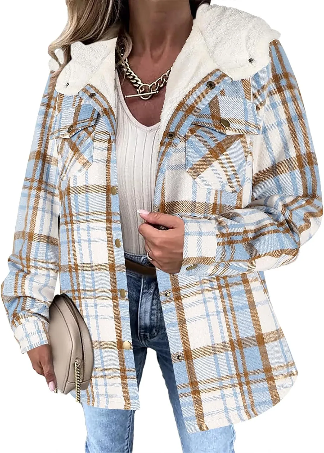 Womens Plaid Shacket Jacket Fuzzy Fleece Lined Coats Casual Long Sleeve Button Down Hooded Jackets Fall Winter Outfits