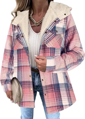 Womens Plaid Shacket Jacket Fuzzy Fleece Lined Coats Casual Long Sleeve Button Down Hooded Jackets Fall Winter Outfits