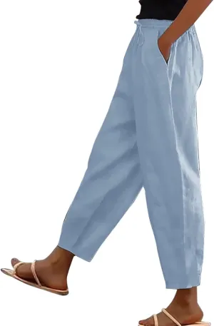 Womens Plus Size Linen Pants Summer High Waisted Wide Leg Pants Lightweight Baggy Boho Beach Lounge Trousers Pockets