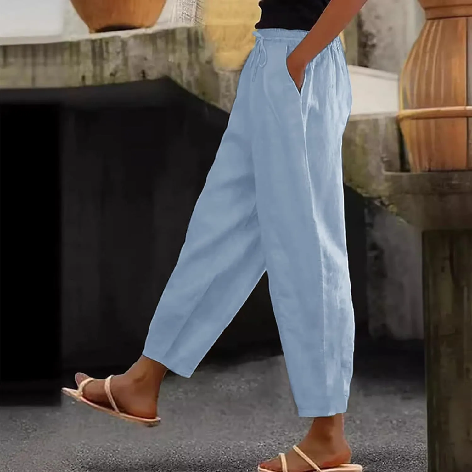 Womens Plus Size Linen Pants Summer High Waisted Wide Leg Pants Lightweight Baggy Boho Beach Lounge Trousers Pockets