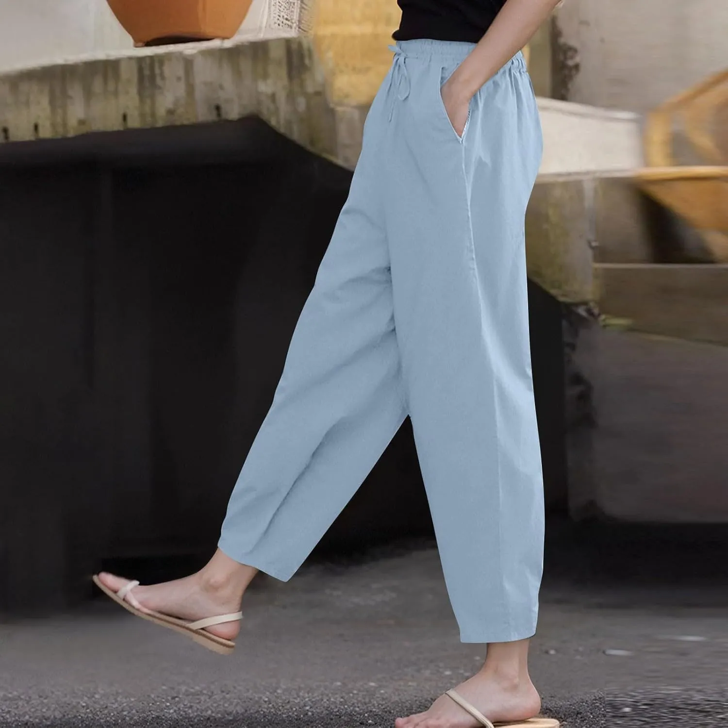 Womens Plus Size Linen Pants Summer High Waisted Wide Leg Pants Lightweight Baggy Boho Beach Lounge Trousers Pockets