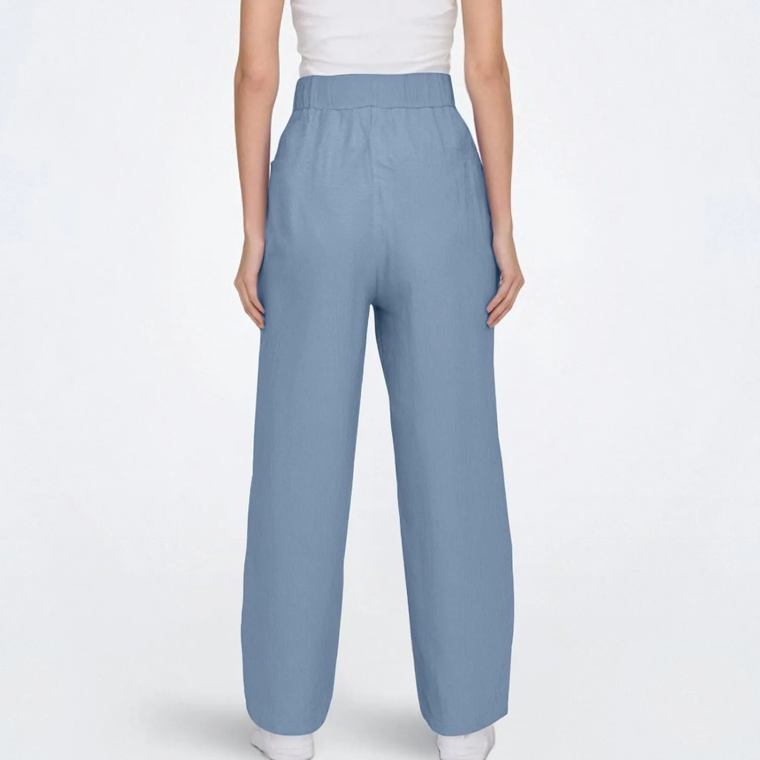 Womens Plus Size Linen Pants Summer High Waisted Wide Leg Pants Lightweight Baggy Boho Beach Lounge Trousers Pockets