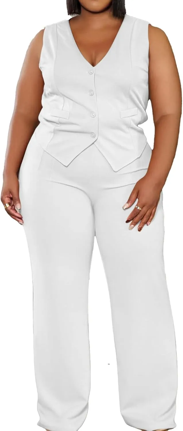 Women's Plus Size Pant Suits 2 Piece Outfits Button Vest Blazer Pockets Wide Leg Pants Sets Casual Pantsuits
