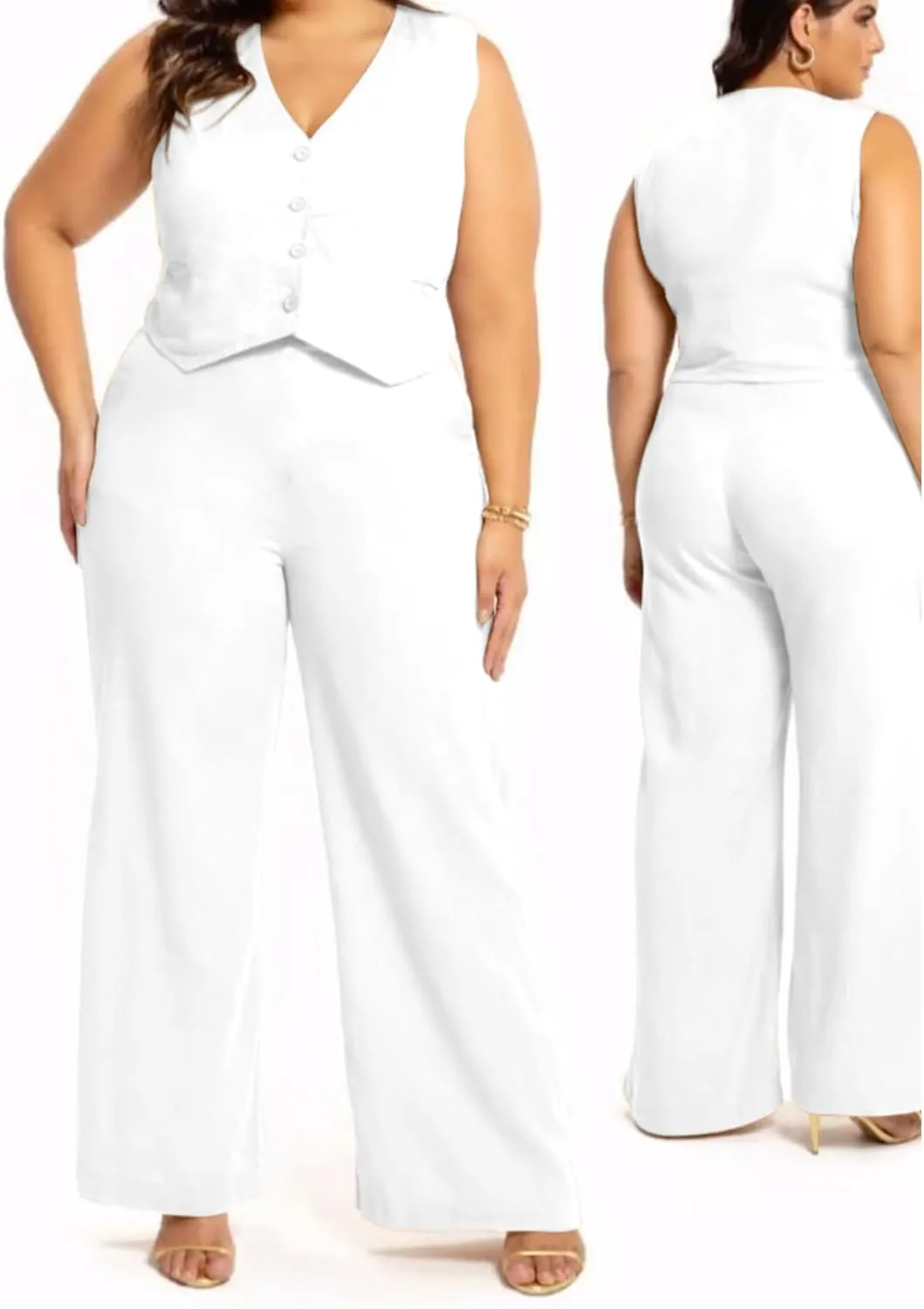 Women's Plus Size Pant Suits 2 Piece Outfits Button Vest Blazer Pockets Wide Leg Pants Sets Casual Pantsuits