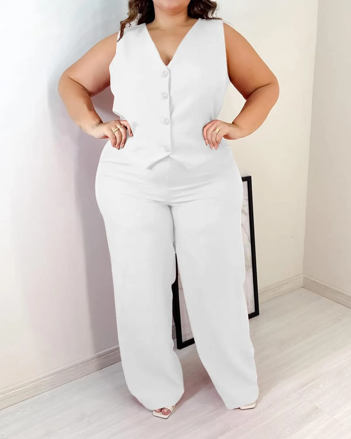 Women's Plus Size Pant Suits 2 Piece Outfits Button Vest Blazer Pockets Wide Leg Pants Sets Casual Pantsuits