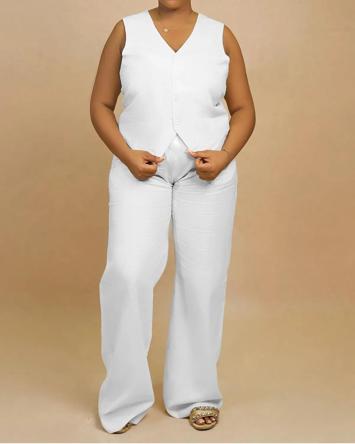 Women's Plus Size Pant Suits 2 Piece Outfits Button Vest Blazer Pockets Wide Leg Pants Sets Casual Pantsuits