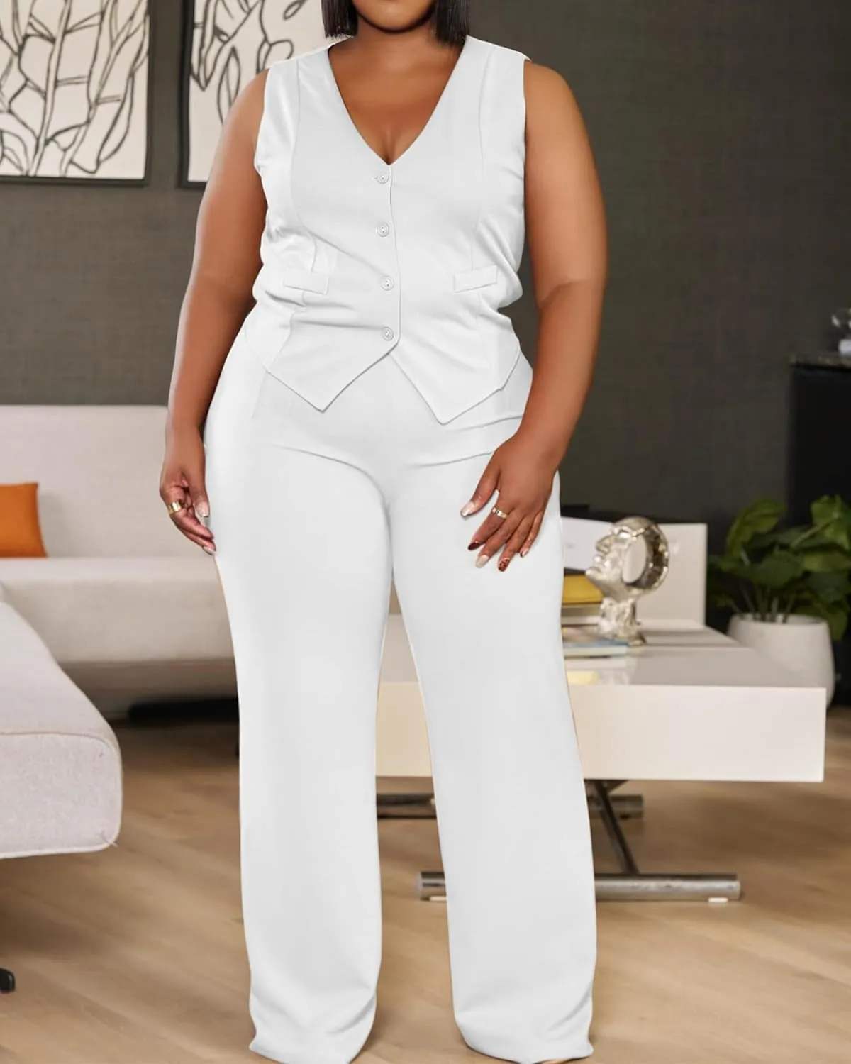 Women's Plus Size Pant Suits 2 Piece Outfits Button Vest Blazer Pockets Wide Leg Pants Sets Casual Pantsuits
