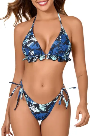 Women's Ruffled Flounce Halter String Triangle Bikini Sets Removable Bra Tie Side Two Piece Sexy Swimsuit