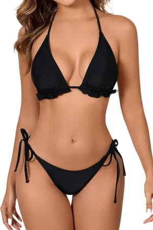 Women's Ruffled Flounce Halter String Triangle Bikini Sets Removable Bra Tie Side Two Piece Sexy Swimsuit