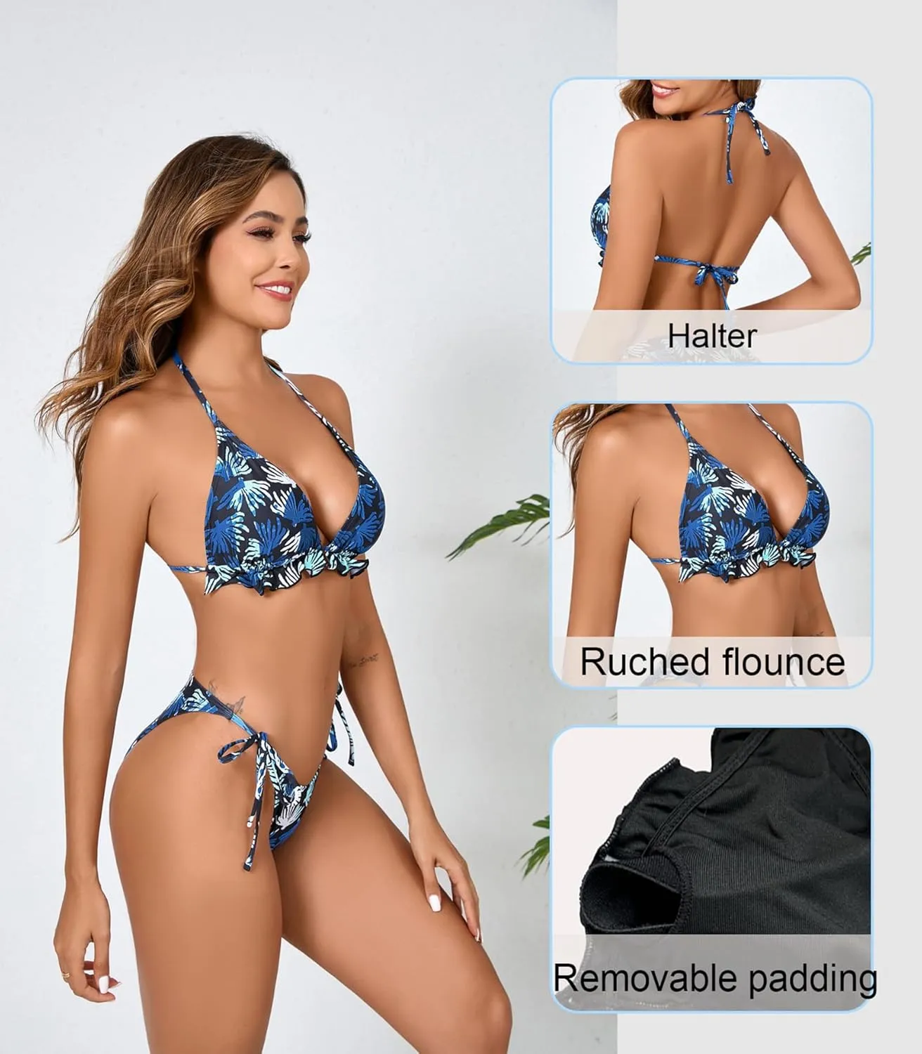Women's Ruffled Flounce Halter String Triangle Bikini Sets Removable Bra Tie Side Two Piece Sexy Swimsuit