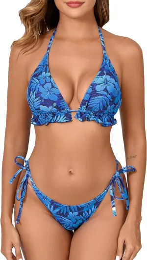 Women's Ruffled Flounce Halter String Triangle Bikini Sets Removable Bra Tie Side Two Piece Sexy Swimsuit