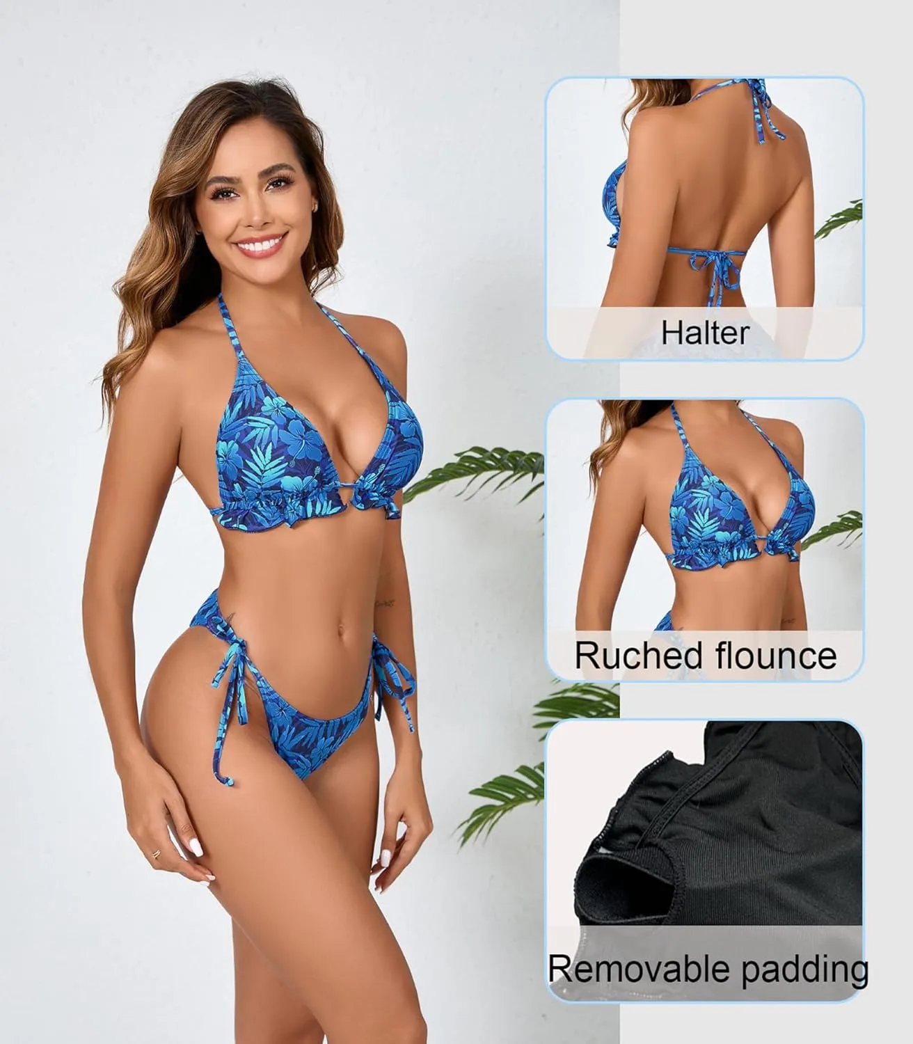 Women's Ruffled Flounce Halter String Triangle Bikini Sets Removable Bra Tie Side Two Piece Sexy Swimsuit