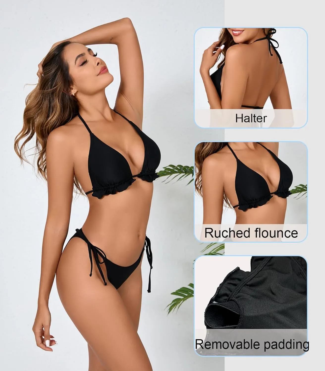Women's Ruffled Flounce Halter String Triangle Bikini Sets Removable Bra Tie Side Two Piece Sexy Swimsuit