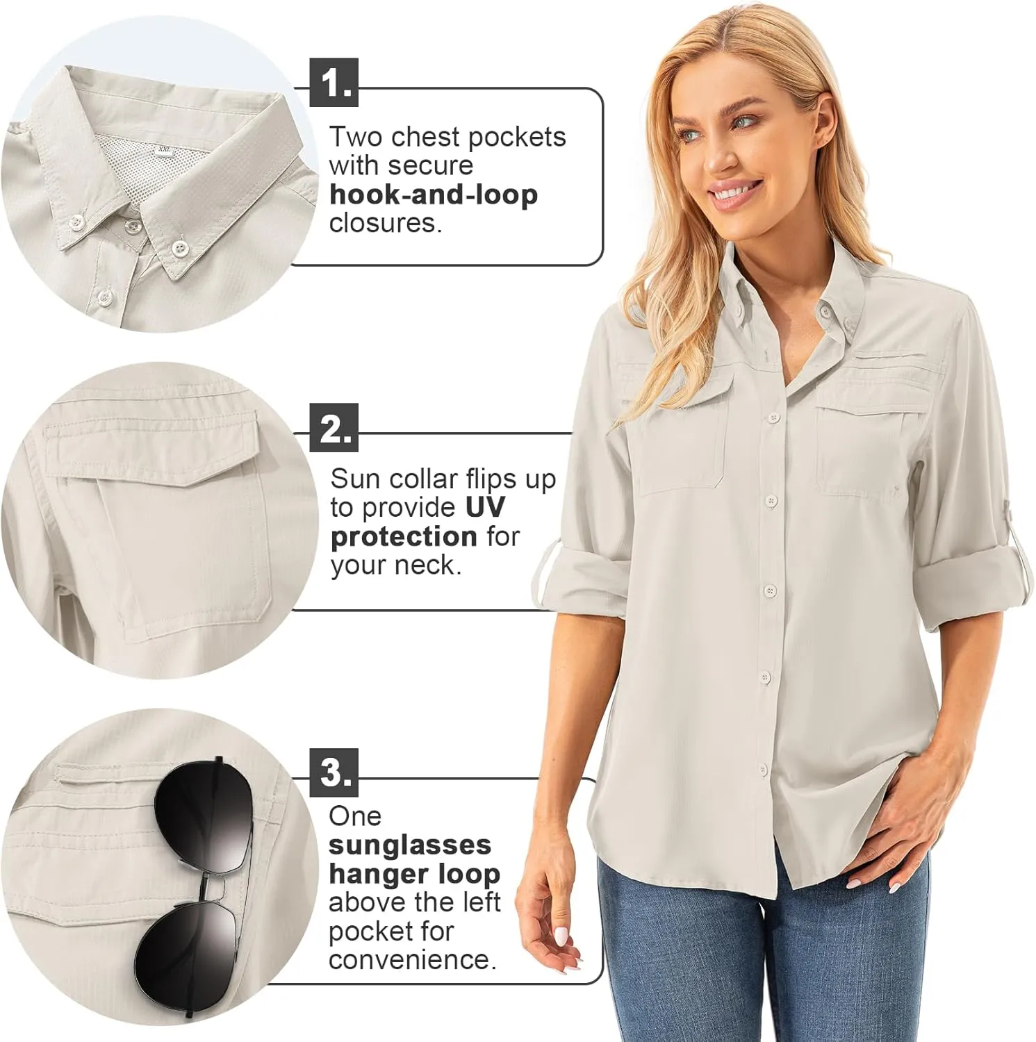 Womens Safari Sun Shirts UPF 50  UV Sun Protection Long Sleeve Outdoor Quick Dry Fishing Hiking Gardening Shirts