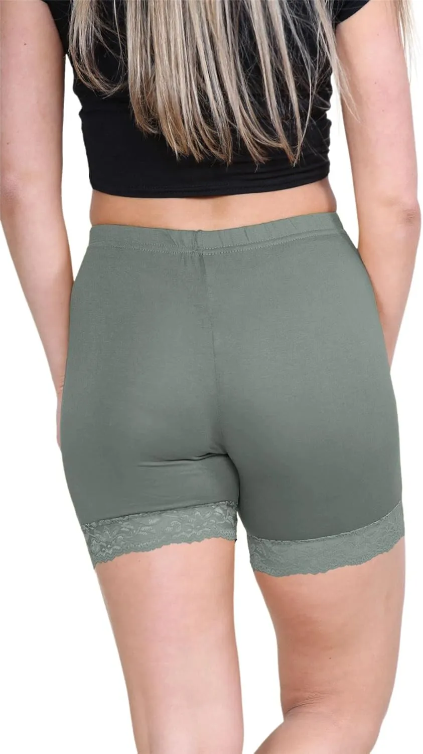 Womens Scallop Lace Trim Plain Gym Bike Tights Viscose Cycling Shorts Hot Pants